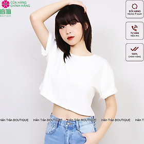 Áo croptop nữ Hiền Trần BOUTIQUE cổ tròn kiểu trơn vải cotton co giãn thoáng mát freesize ngắn tay thun đẹp