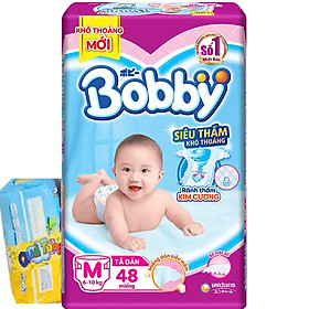 Tã Dán Bobby Siêu Mỏng Thấm Gói Lớn M48 (TẶNG 1 GÓI 6 MIẾNG TẢ QUẦN CÙNG SIZE)