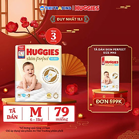 Tã/bỉm dán sơ sinh Huggies Skin Perfect M 76+3 miếng với 2 vùng thấm giảm kích ứng da