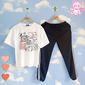 Set áo tay lửng quần thun 2 sọc ĐEN unisex, quần dài 2 sọc, 3 sọc, Áo tay lỡ và quần thể thao BLACK