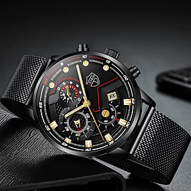 Đồng hồ nam DEYROS thiết kế thể thao dây thép lưới đen chạy lịch ngày cao cấp Sporty Design