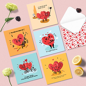 Set 5 thiệp tình yêu Valentine SDstationery Love Hearts, minh họa cặp đôi trái tim dễ thương vui nhộn, khổ vuông 12x12cm