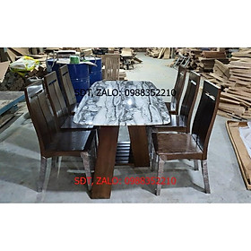 Bàn ăn 6 ghế gỗ Sồi Nga mặt đá, chân chéo