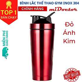 [Màu Đỏ Ánh Kim] Bình Lắc Thể Thao Shaker Tập Gym Inox 304 - Hàng Chính Hãng miDoctor