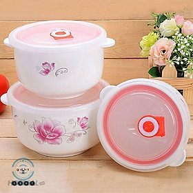 Mua Bộ 3 bát THỐ  sứ có tay cầm-Hộp 3 chiếc bát sứ hoa hồng đựng thực phẩm có nắp đậy