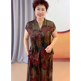 Đồ bộ trung niên LỤA cho Mẹ & Bà chất LỤA Ngọc Trai - quần dài rộng Hoạ Tiết Lá thoải mái, mềm mịn đủ Size từ 38-80kg