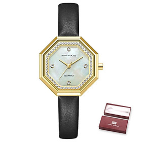  Đồng hồ thời trang nữ với dây đeo bằng da đính kim cương pha lê Chống thấm nước 
MINI FOCUS Women Quartz Watch Octagon Case-Màu Vàng đen