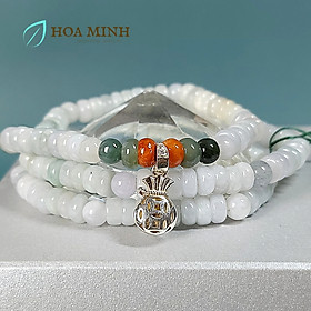 Vòng tay vòng chuỗi Ngọc Cẩm Thạch trắng nếp 5.7 li kiểu bánh xe quấn 3 vòng, phối charm túi tiền bạc, viên Cẩm Thạch Huyết - 16-17.5cm