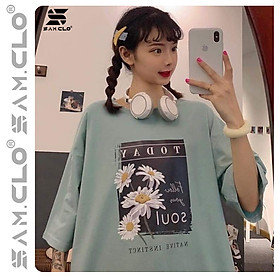 Áo thun tay lỡ nữ freesize – Áo phông form rộng dáng Unisex, mặc lớp, nhóm, cặp in hình hoa cúc chữ TODAY SOUL màu xanh