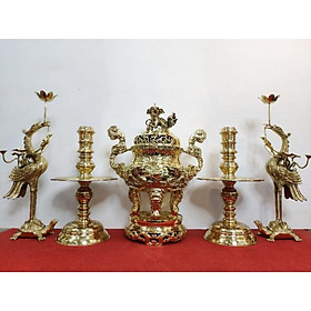 Mua Bộ Đỉnh Thờ Lư Thờ Đồng Ngũ Sự Song Long Chầu Nguyệt cao 50cm chất liệu đồng nguyên chất màu vàng bóng ánh kim