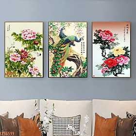 Bộ 3 Tranh Decor Treo Tường Phòng Ngủ - Tranh Canvas 3 Bức Chim Công Và Hoa