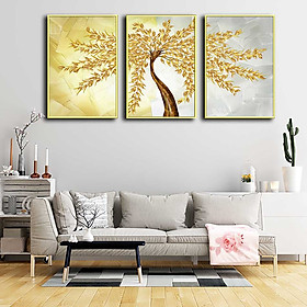 Bộ 3 tranh canvas treo tường Decor Họa tiết cây lá vàng - DC191