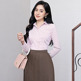 Áo Sơ Mi Nữ Công Sở UK Fashion Cổ Đức Tay Dài, Hoạ Tiết Kẻ Sọc Giấu Khuy Hiện Đại, Chất Liệu Cao Cấp NKSM2012002