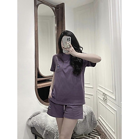 Bộ đồ thời trang nữ mặc nhà màu tím thêu chú dễ dễ thương chất cotton khô dày đẹp kiểu dáng đơn giản dễ mix đồ có thể mặc ở nhà, đi chơi, đi dạo size 40-60kg