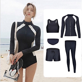 Set đồ bơi dài tay nữ 5 mảnh quần dài áo khoá kéo đen lườn trắng siêu đẹp