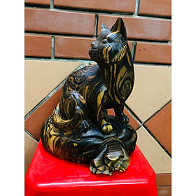 Tượng con mèo điêu khắc bằng gỗ mun kt 30×26×17cm