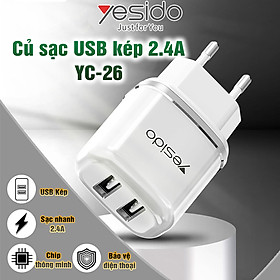 Hình ảnh Củ sạc đa năng Yesido YC-26 2 cổng USB 2.4A Hàng Chính Hãng