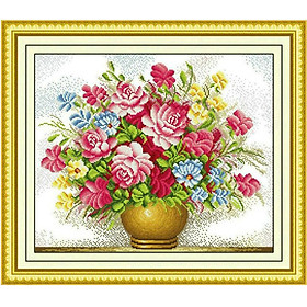 Tranh thêu chữ thập Bình hoa H202, kích thước 55 x 47 cm, nền trắng không cần thêu