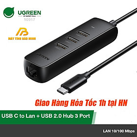 Cáp chuyển đổi USB type C sang đầu mạng Ethernet RJ45 + Hub 3 cổng USB2.0 dài 30cm UGREEN 20792 - Hàng Nhập Khẩu