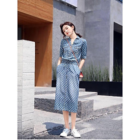 Đầm denim lụa cột eo