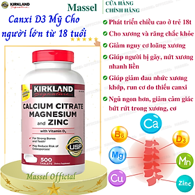 Canxi cho người lớn Kirkland Calcium thêm: Mange, Kẽm, Vitamin B6, D, B6 giúp giảm đau nhức xương khớp, phòng loãng xương, ngủ ngon - Massel Official - 500viên/hộp