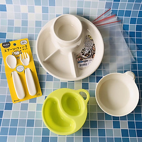 Combo dụng cụ ăn dặm cho bé số 4 (khay tròn + 2 bát + thìa nĩa) + tặng 5 zipper 10x15cm