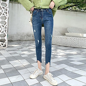Quần jean 9 TẤC BIG SIZE xanh đậm rách nhẹ, lưng cao co dãn mạnh 2552