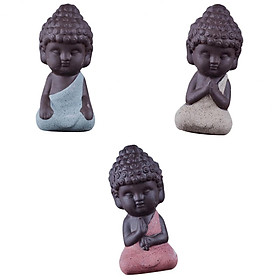 3Pc Little Monk Buddha Ceramic Statues Holder Tea Pet Home Tea Tray Crafts