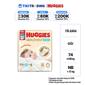 Tã/bỉm dán sơ sinh Huggies Skin Perfect NB 70+4 miếng với 2 vùng thấm giảm kích ứng da