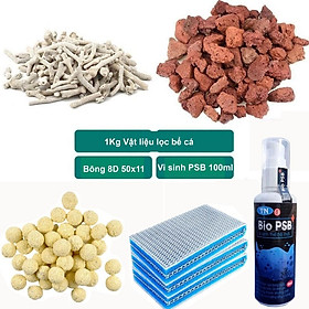 Set 1kg Vật Liệu Lọc Hồ Cá (San Hô, Sứ Bi, Nham Thạch) + Bông 8D + Vi Sinh PSB 100ml Làm Trong Nước