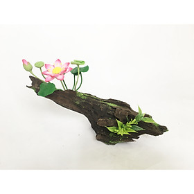 Lũa gỗ hình dáng tự nhiên kết hợp Hoa sen đất sét mini (1 bụi sen hồng) - Quà tặng trang trí handmade (20x10x10cm)