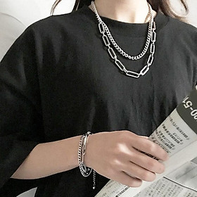 Set vòng cổ và vòng tay chuỗi xích titan thép không đen phong cách đường phố