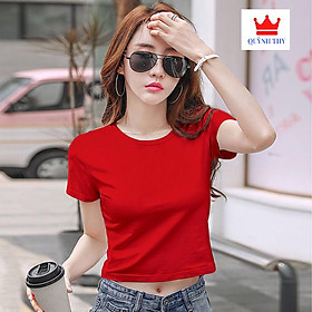 Áo thun Nữ croptop cổ tròn tay ngắn 7 màu cotton lạnh chất đẹp siêu co giãn chống bai xù - Đỏ đô,L : (56 kg - 62 kg)