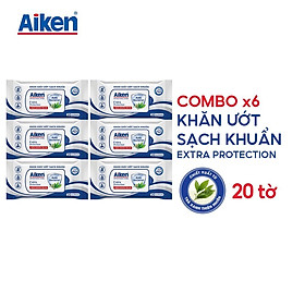 Aiken Combo 6 Gói Khăn Ướt Sạch Khuẩn Chiết Xuất Trà Xanh 20 tờ/gói
