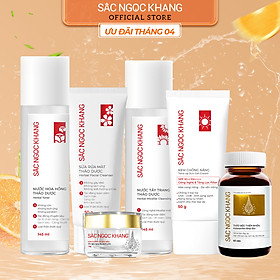 [Combo 6 món] bộ dưỡng da cơ bản: Nước tẩy trang 145ml + Sữa rửa mặt 100g + Nước hoa hồng 145ml + Kem chống nắng 50g và kem dưỡng da ban đêm 10g + Vi tảo lục 60 viên [Sắc Ngọc Khang Official]