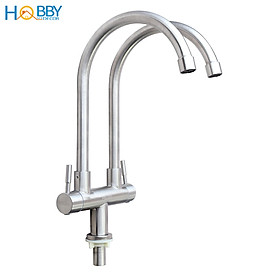 Vòi rửa chén lạnh 2 vòi xả gắn chậu xoay 360 Hobby Home Decor RC2D inox 304 không rỉ sét kèm dây cấp