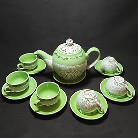 Bộ Ấm Uống trà mẫu Tròn – Hoa văn nổi sần kiểu đất nẻ cực đẹp – 1 ấm, 6 ly, 7 dĩa – Màu Xanh Lá Emerald