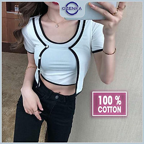 Áo croptop kiểu 2 lớp phối viền cộc tay nữ ozenka , áo thun crt ngắn ôm body cotton màu đen trắng mặc đi học đi chơi