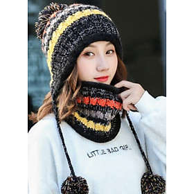 Bộ mũ len và khăn trùm cổ sọc màu A003