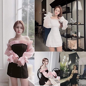 Đầm xoè thiết kế trễ vai tay dài phồng cột nơ + Ảnh thật