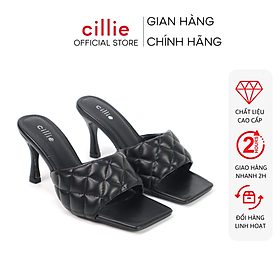 Guốc Cao Gót Nữ Quai Ngang Mũi Vuông Gót Nhọn 7cm Cillie Phối Chằn Chỉ Độc Đáo Đi Làm Dạo Phố 1176 - Đen - 35