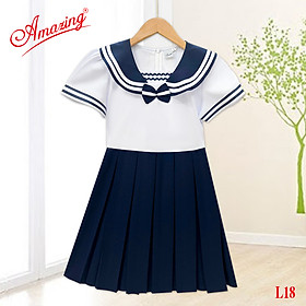 Đầm liền đồng phục cho bé gái đi học Amazing, tùng xếp ly và tùng xéo, có dây thắt lưng và khóa kéo