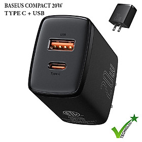 (Tặng túi đựng TOPK) Củ sạc nhanh Baseus mini 20W, hai cổng sạc USB và Type-C sạc nhanh cho iPhone, Samsung, Xiaomi, Huawei,...-Hàng chính hãng