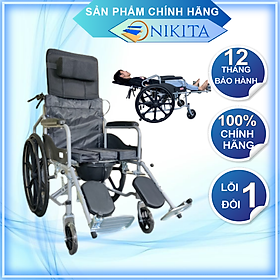 Xe lăn tay ngả giường pittong tích hợp bô vệ sinh, khung xe chắc chắn chịu tải trọng cao, hệ thống phanh trước - sau an toàn, chính hãng Nikita