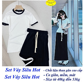 Set bộ đồ nữ Áo trắng kèm Đầm đen sọc trắng siêu hot Size từ 40kg đến 53kg Chất liệu thun gân cao cấp, Co giãn, Mềm mại