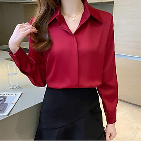 Áo Sơ Mi Nữ Công Sở Màu Đỏ Đô Cổ Đức CHIPY Kiểu Hàn Quốc Vintage Ulzzang Form Rộng Dài Tay Đẹp Chất Lụa Cao Cấp A2D