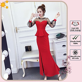 Đầm dạ hội body peplum phối lưới bi cao cấp - D86277