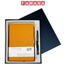 Bộ Quà Tặng Sổ Bìa Da Khóa Gài Kim Loại Kèm Bút Ký - 168 Trang 80gsm - Depai NO.25-67 - Mực Xanh - Màu Nâu Bò
