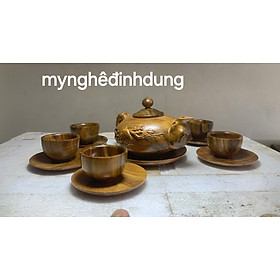 Bộ ấm chén chim mai bằng gỗ bách xanh thơm nức đẹp long lanh 