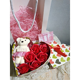 Quà tặng sinh nhật, 8/3, 20/10, cho bạn gái, vợ, người yêu..- hoa hồng sáp thơm hộp tim 1 gấu, màu đỏ